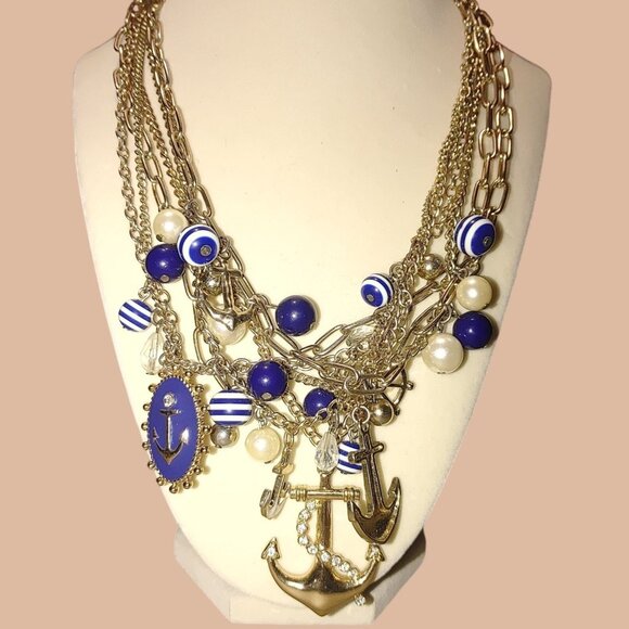 Large Gold Tone Nautical Paperclip Blue White Necklace Anchors Pearls Blue Beads - Picture 1 of 10